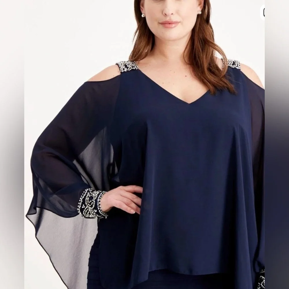 Betsy & Adams Elegant Navy Silver Cold Shoulder Drop Waist Dress Plus Sizes, NEW - Picture 7 of 14